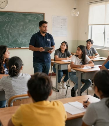 A warm classroom scene with diverse women and children engaged in hands-on learning activities.