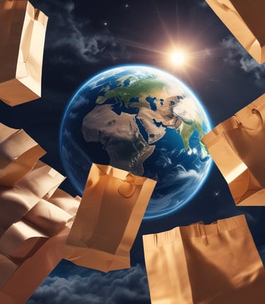 A close-up of colorful plastic and paper bags neatly arranged on a wooden table in a bright workshop.