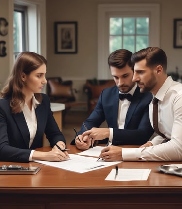 A confident sales professional shaking hands with a happy homeowner after closing a deal.