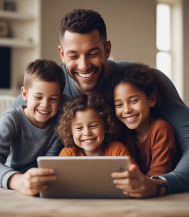 A warm family gathered around a tablet, smiling and engaged together in a cozy living room.