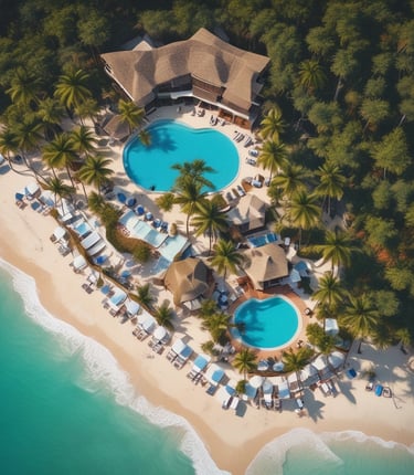 Aerial view of a luxury tropical beach resort with turquoise pools, palm trees, and white sand.