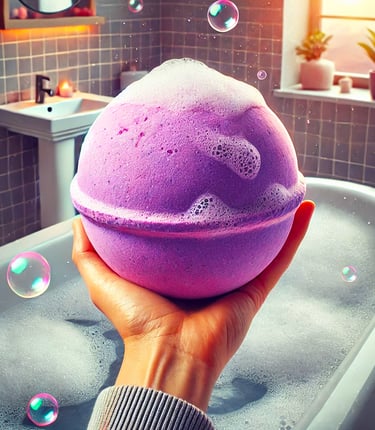 Extra large purple bath bomb held over a bathtub, with thick foam and bold fizz during a luxury soak