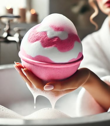 Oversized pink and white bath bomb fizzing in water with creamy foam and long-lasting bubbles.