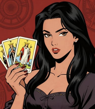 A serene setting with tarot cards laid out on a wooden table surrounded by candles and crystals.