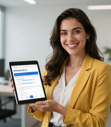 A professional woman analyzing health data charts on a digital tablet in an office setting.