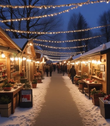 A bustling winter market scene with twinkling lights, colorful stalls, and happy visitors bundled in warm clothes.