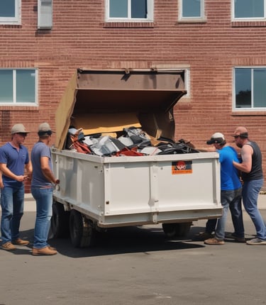 A Junk Brothers team member loading debris into a trailer dumpster on a sunny day.