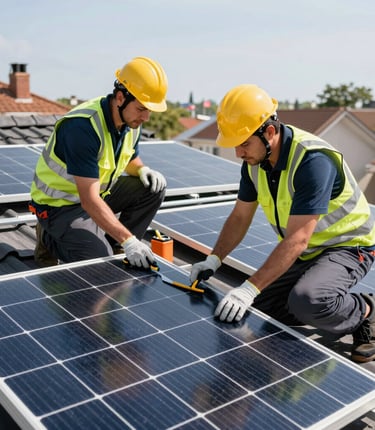 A skilled technician installing solar panels on a sunny rooftop with clear blue skies.