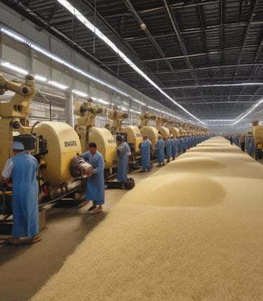 A vast rice milling facility bustling with activity under bright industrial lights.