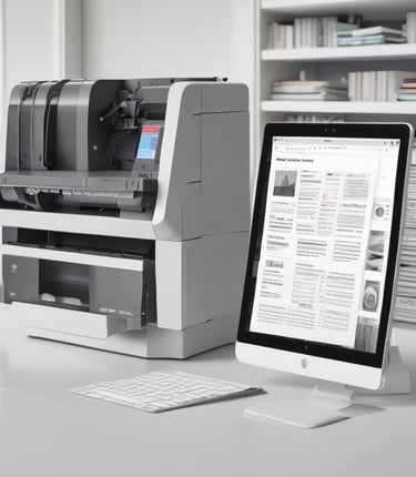 A friendly Pixel Press team member assisting a client with document scanning in a bright office.