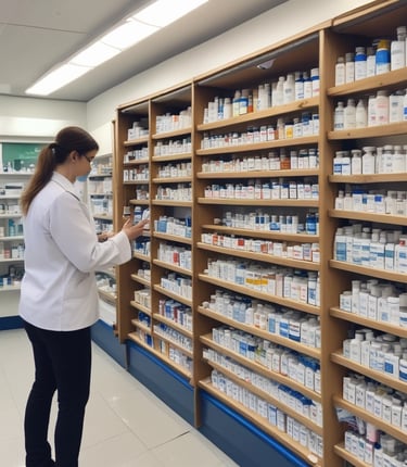 A friendly pharmacist consulting with a small team in a bright, modern pharmacy setting.