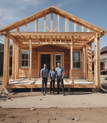 A smiling family standing proudly in front of their newly remodeled home on a sunny day in Davis.