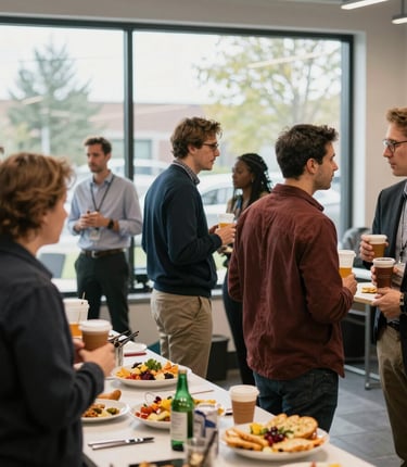 A welcoming small-town office with warm wood accents, featuring a friendly consultant meeting with local small business owners.