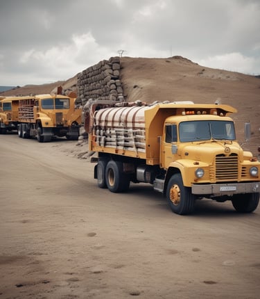 Construction worker inspecting high-strength concrete blocks at a busy building site.