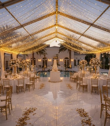 Elegant outdoor wedding reception under a clear marquee tent with fairy lights and floral centerpieces.