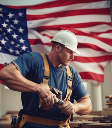 A friendly handyman repairing a wooden deck on a sunny day.