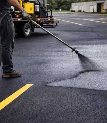 person spaying sealant on a parking lot