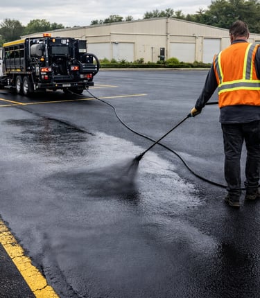 A team member applying fresh black sealcoat on a parking lot under bright sunlight.