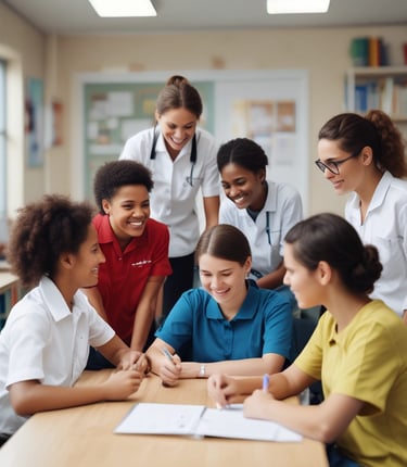 A group of cheerful school support staff gathering together in a bright, welcoming school hallway.