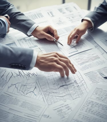 A sleek office desk with navy and gold accents reflecting a professional consulting environment.