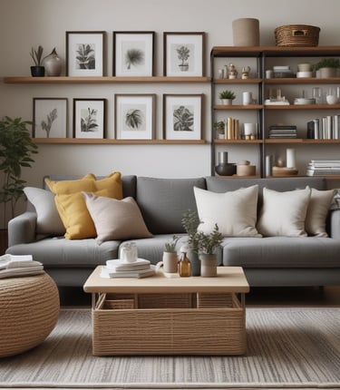 A cozy, tidy living room with neatly arranged everyday essentials like storage baskets and cleaning supplies.