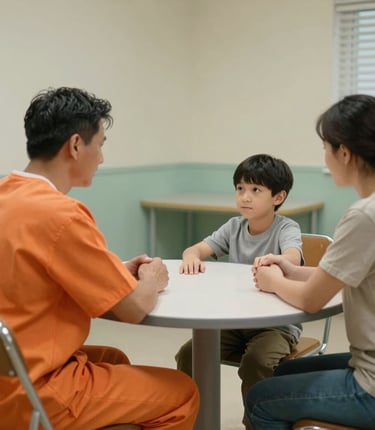 A compassionate volunteer speaking with a family member through a prison visiting room window.