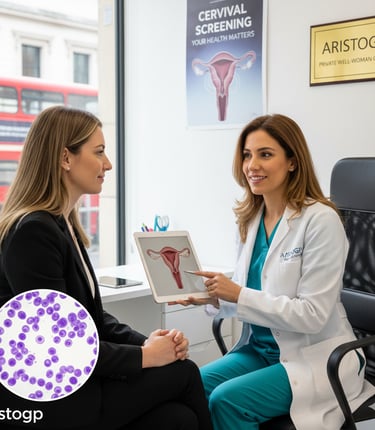 Specialist gynaecologist explaining cervical screening results and HPV testing to a patient.