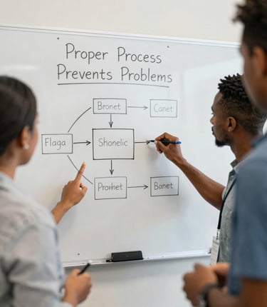 A team of consultants collaborating over process flowcharts in a bright office.