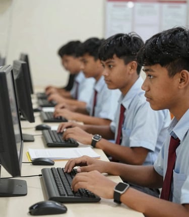 Modern office environment with professionals collaborating on certification documents