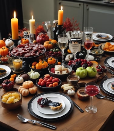 A warmly decorated dining table set for a festive holiday meal with candles and seasonal accents.