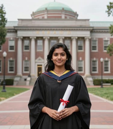 A confident Indian student in their mid-20s smiling while holding a passport and university acceptance letter.