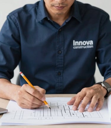 An architect working on a draft with a pencil and ruler