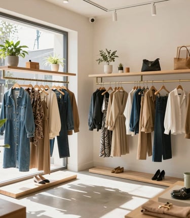 A cozy display of colorful clothing racks alongside shelves filled with books and DVDs in a warm, inviting space.