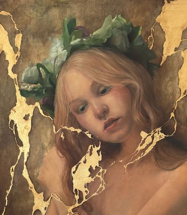 A Renaissance-style painting of a light-haired girl wearing a wreath of large green leaves, with gol