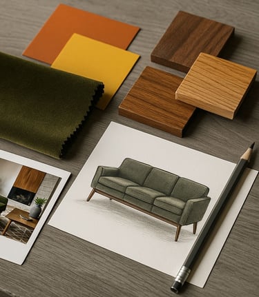 Mood board for custom Mid-Century sofa including sketches, fabrics, and color samples