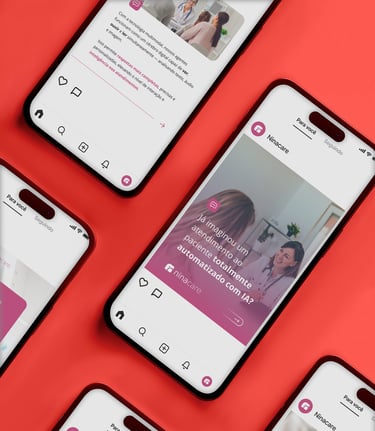 A imagem mostra vários celulares com posts das redes sociais Ninacare