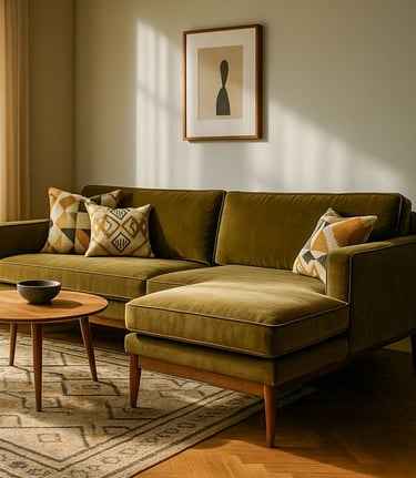 Sunlit Mid-Century living room with mustard sofa chaise, walnut furniture, geometric pillows, abstract art, and large windows