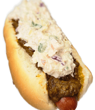 Super Dog all-beef chili dog topped with jalapeño slaw at HeckYA drive-through Youngstown Ohio