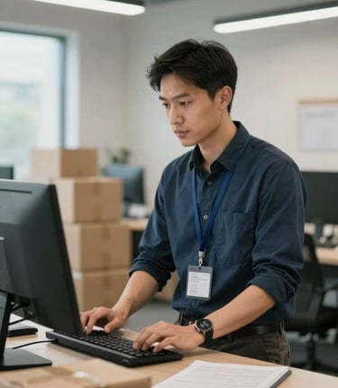 A professional logistics coordinator in a modern Maryland office, using a computer to manage shipments for a South American / Bolivian client, surrounded by a clean and trustworthy environment.