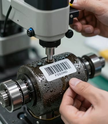Close-up of a hand using a rugged industrial scanner to verify a barcode label adhered to a textured, oily metal component in a brightly lit factory.
