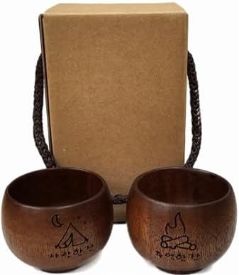 Korean Traditional Wooden Shot Glasses Soju Cups (2pcs) with a gift box, perfect for enjoying soju 