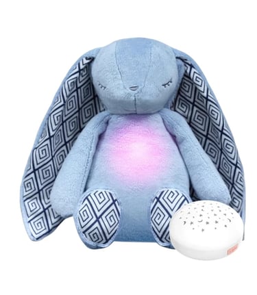 Blue plush bunny sleep aid with a glowing chest and star projector for nursery night light.
