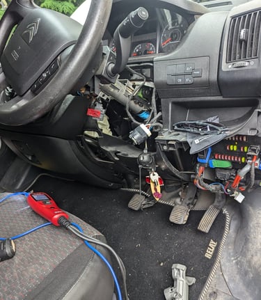 a car with a steering wheel and a steering wheel