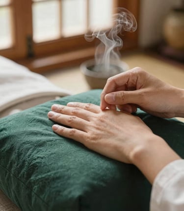 Close-up of gentle hands performing pulse diagnosis on a fabric cushion, warm natural window light, herbal tea steam in the background, 35mm photography