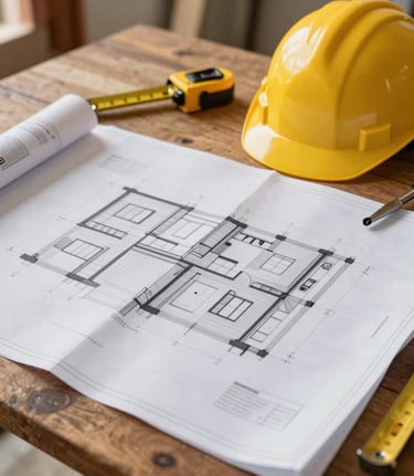 A detailed architectural blueprint spread out on a wooden table with a hard hat and professional measuring tools nearby, South American / Brazilian construction site context, bright and professional lighting, off-white and charcoal tones.