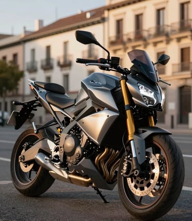 A sleek, powerful modern motorcycle parked on a clean street in Madrid at golden hour, Southern European / Spanish urban architecture in the background, professional automotive photography with metallic highlights.