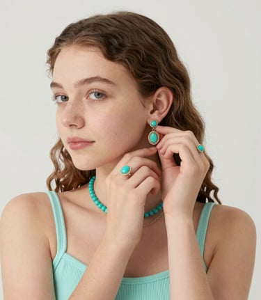 Young woman wearing elegant turquoise jewelry including drop earrings, rings, and a beaded necklace.