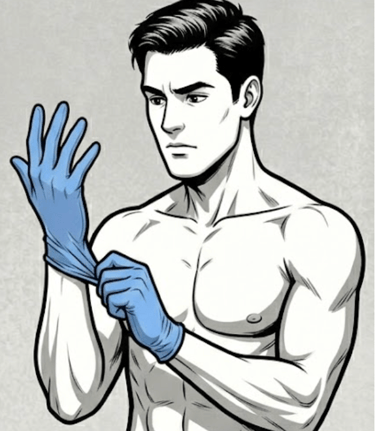male cartoon putting on blue latex gloves