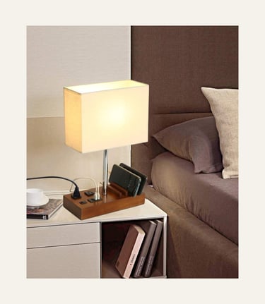 Briever Upgraded Wooden 3 USB Ports 2 AC Outlets Table Lamp Wallnut 