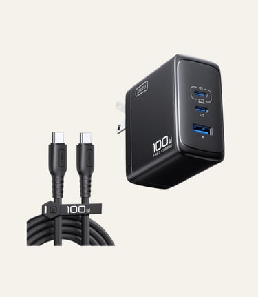 INIU 100W USB-C fast charger block with triple ports and a 100W braided charging cable.